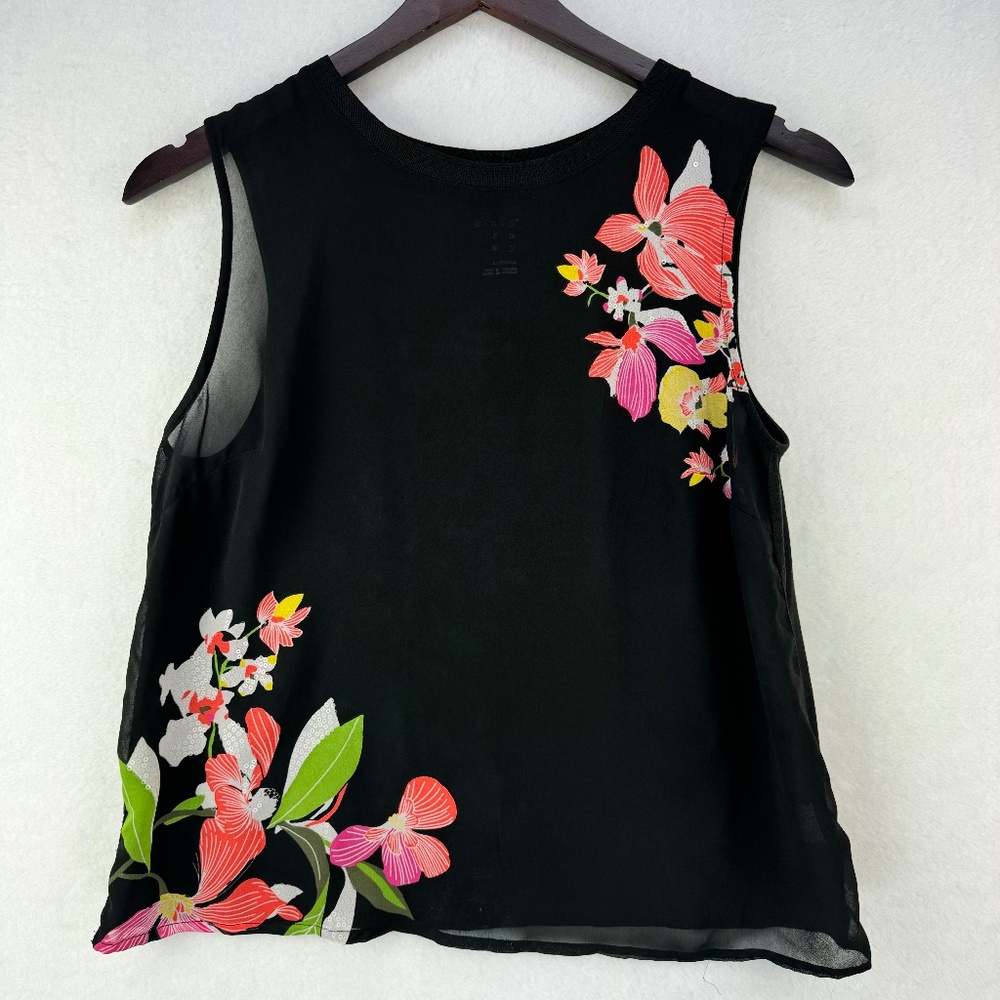 A New Day Women Top Sz XS Black Floral Semi Sheer